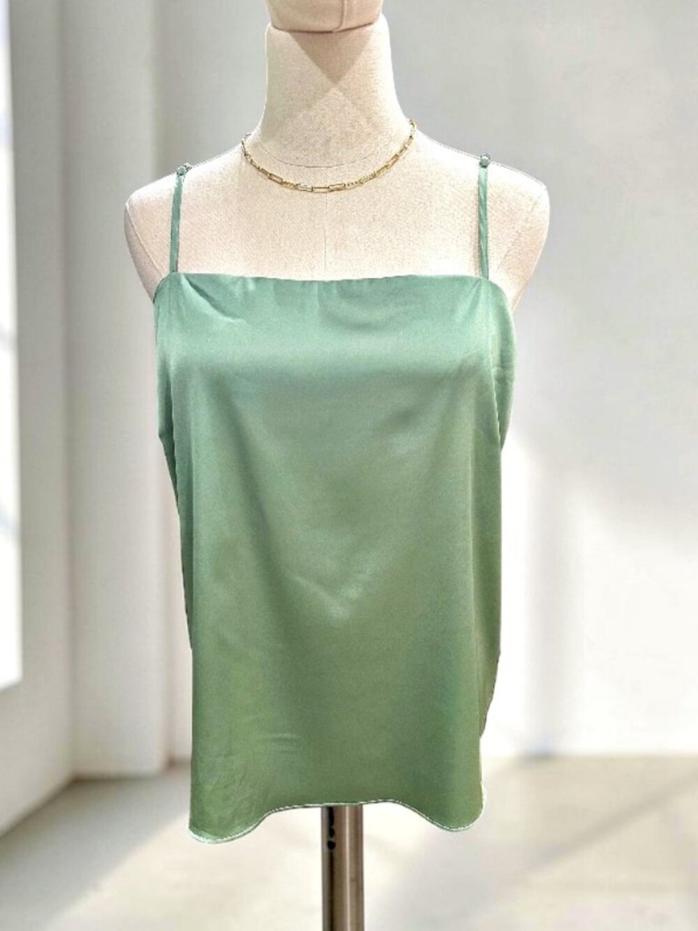 Saki Silver Womens Large Satin CAMI Sage Green Spaghetti Straps Slip Top NWT